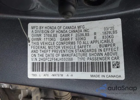 2020 Honda Civic Lx z USA, uszkodzony, nr VIN 2HGFC2F64LH550568